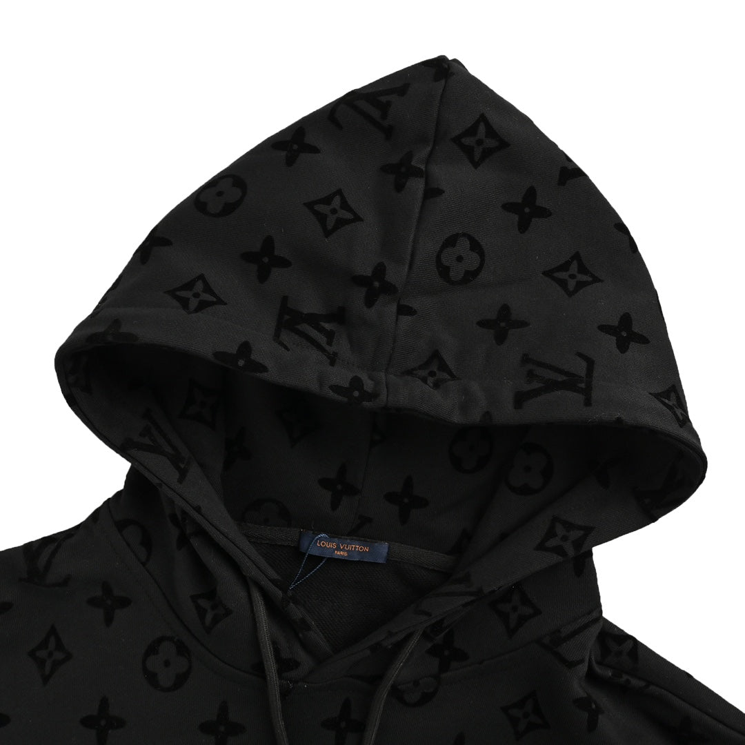 All-over presbyopia flocked print hooded sweatshirt