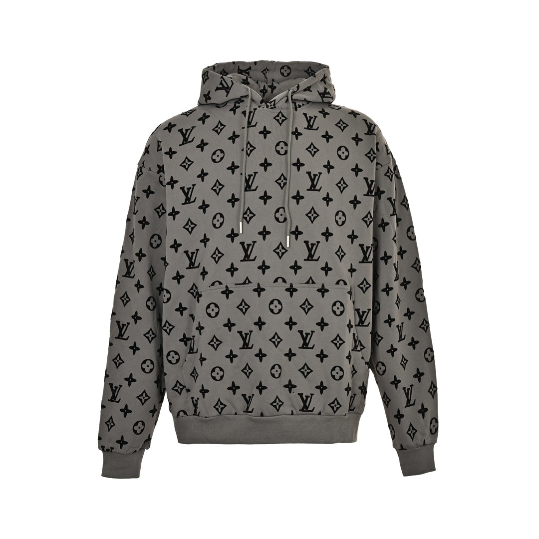 All-over presbyopia flocked print hooded sweatshirt