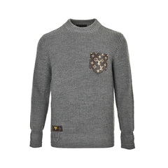 Metal chain leather pocket crew neck sweater