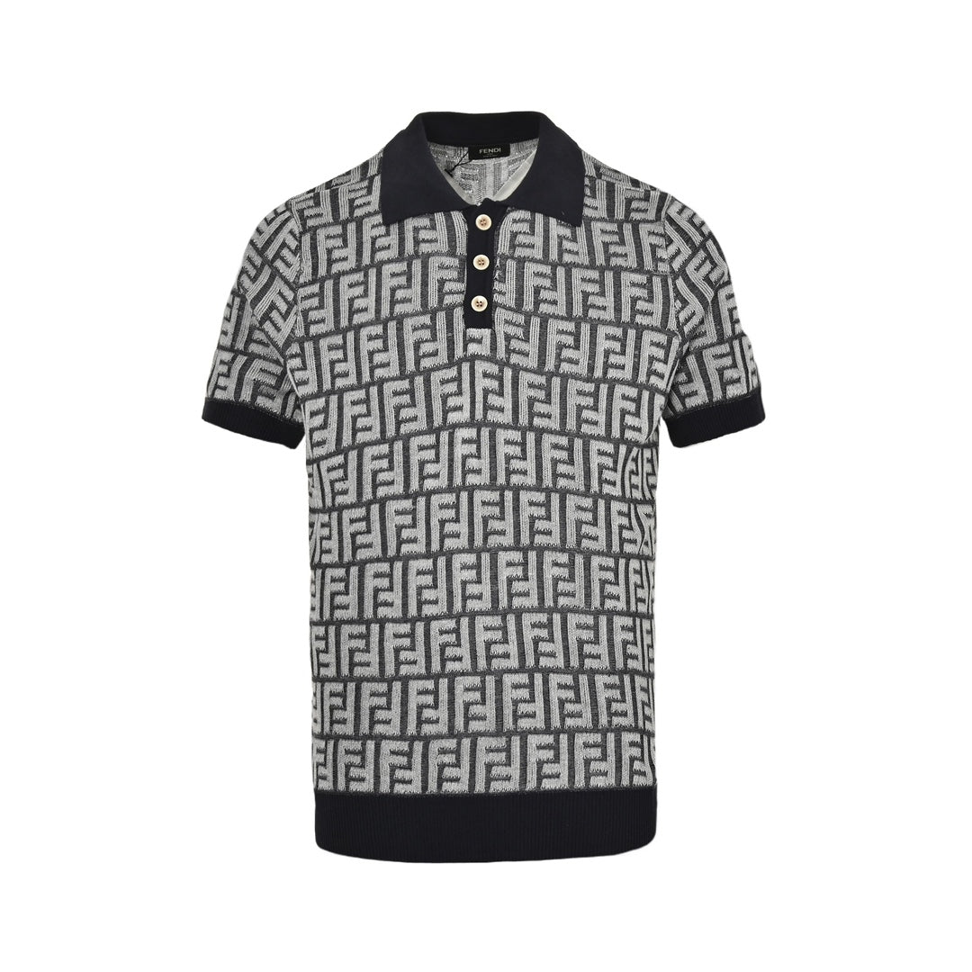 Allover printed  jacquard knitted Polo short sleeves