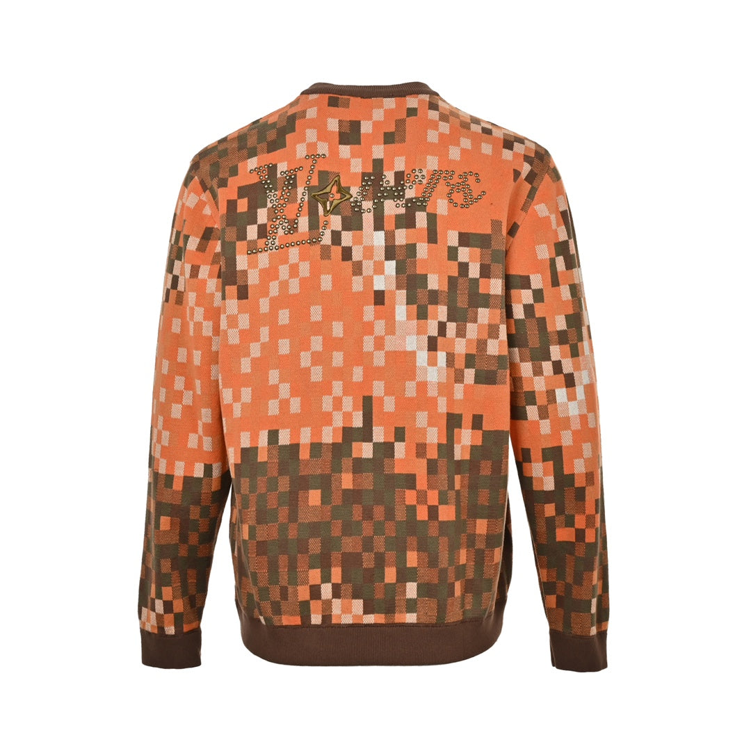 Jacquard Camouflage Mosaic Studded Letter Sweater