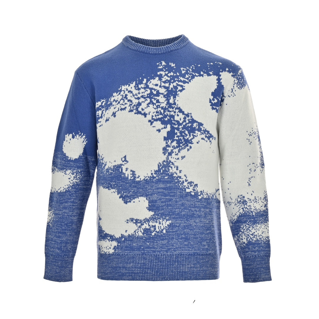 Blue sky and white clouds jacquard crew neck sweater