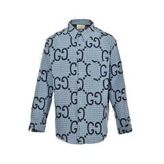 Blue plaid cotton and linen jacquard long-sleeved shirt